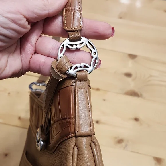 Brighton Pebbled Leather Crocodile Embossed Shoulder Handbag Purse Brown Camel - Picture 6 of 17